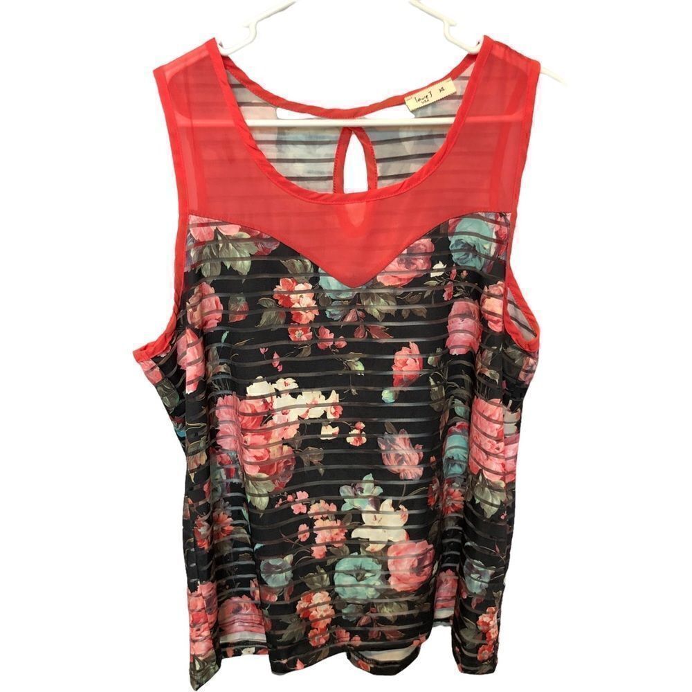 Love J Sheer tank blouse black and pink floral XL excellent condition